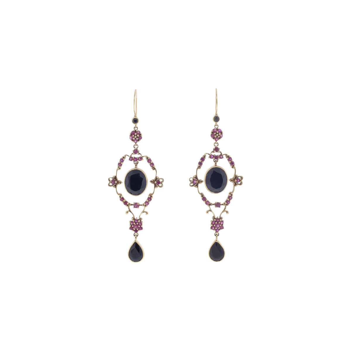 9K Yellow Gold Victorian Era Onyx & Pink Sapphire Earrings