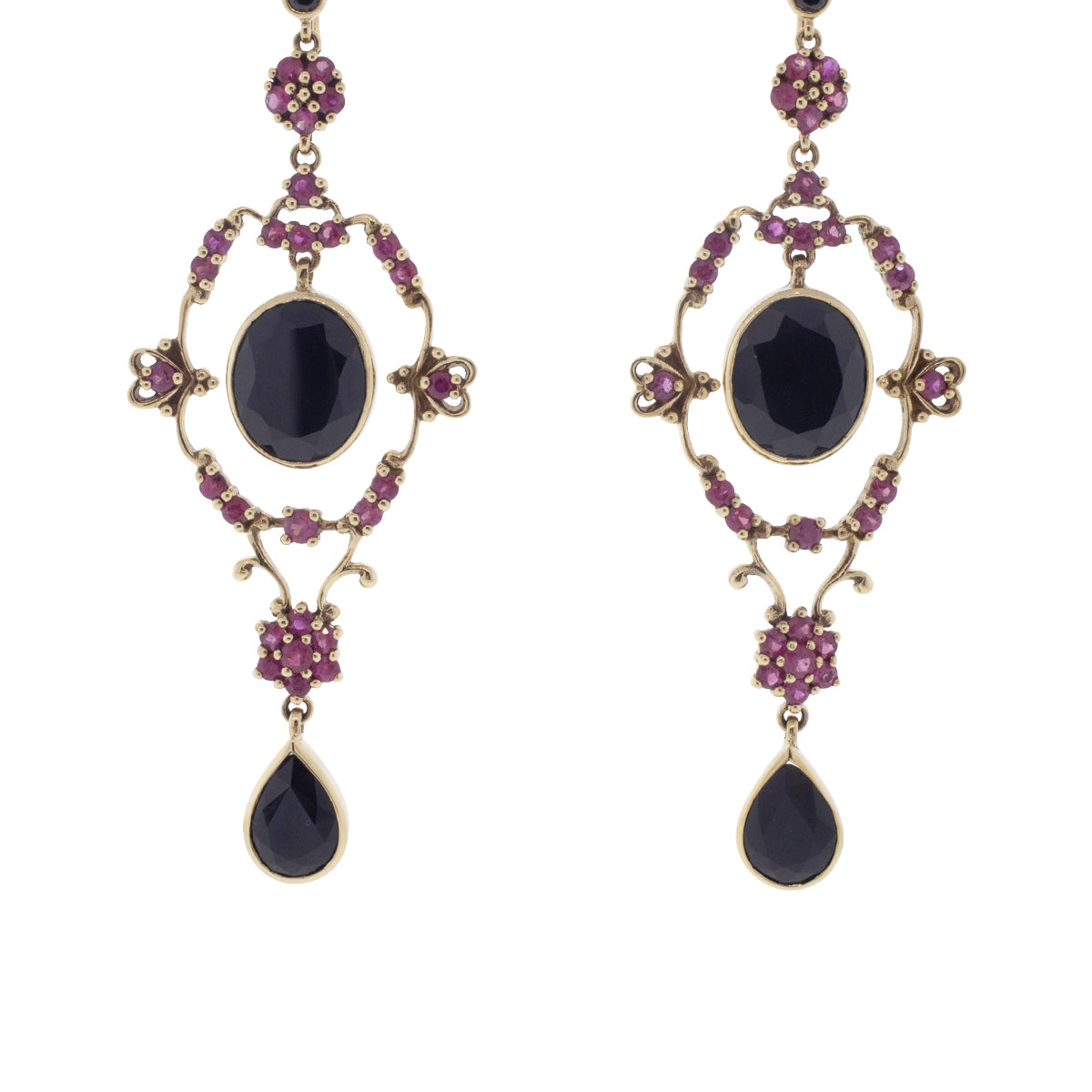 9K Yellow Gold Victorian Era Onyx & Pink Sapphire Earrings