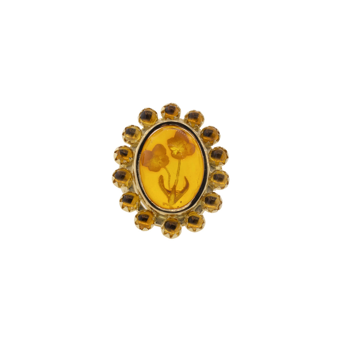 14K Yellow Gold Floral Carved Amber Ring