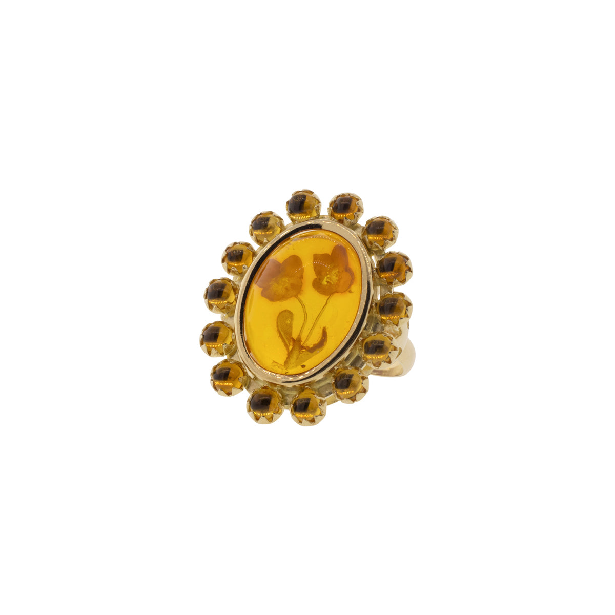 14K Yellow Gold Floral Carved Amber Ring