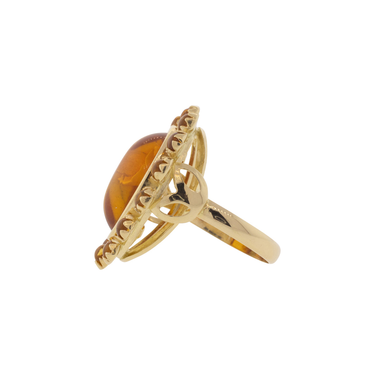 14K Yellow Gold Floral Carved Amber Ring