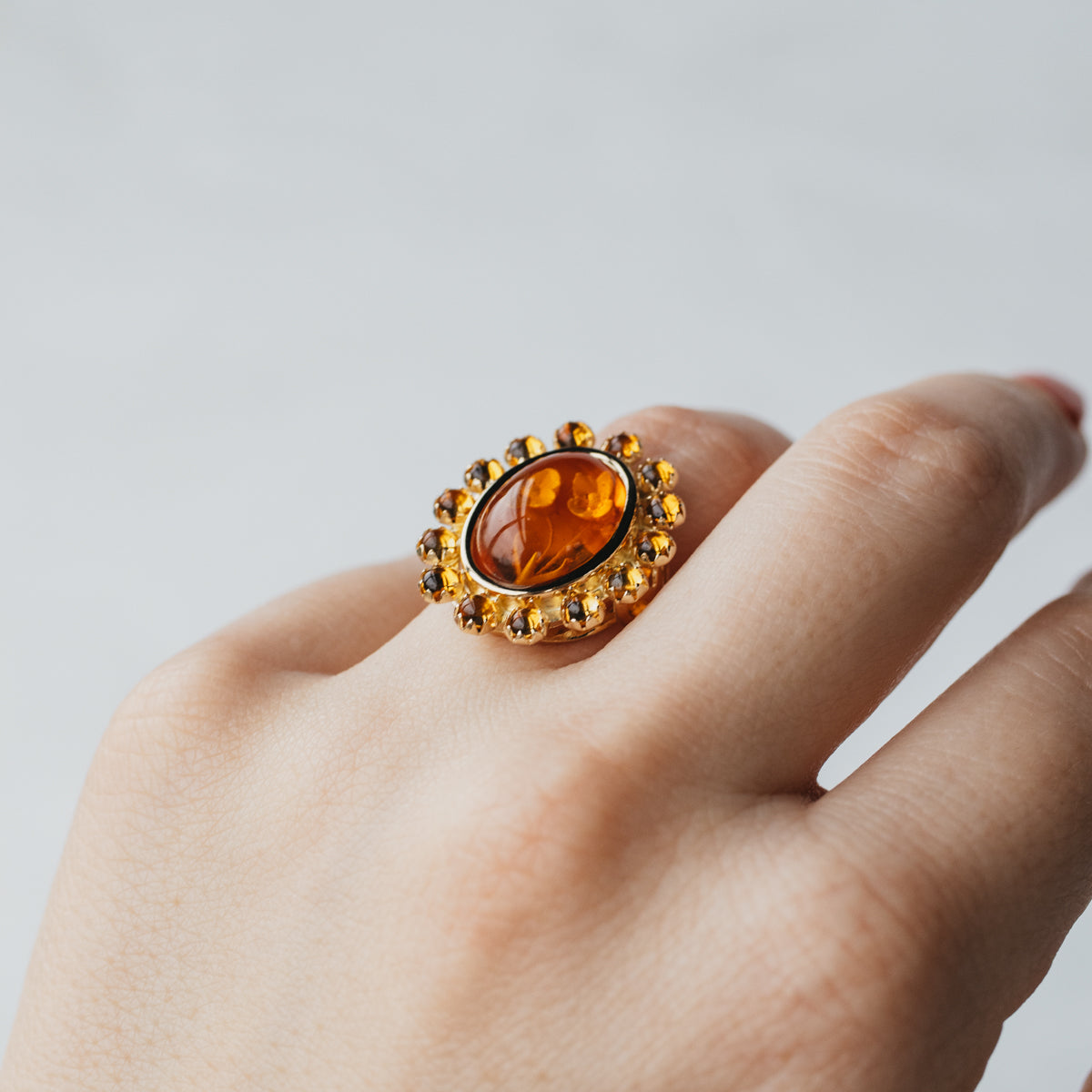 14K Yellow Gold Floral Carved Amber Ring