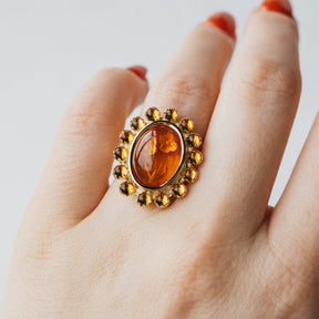 14K Yellow Gold Floral Carved Amber Ring