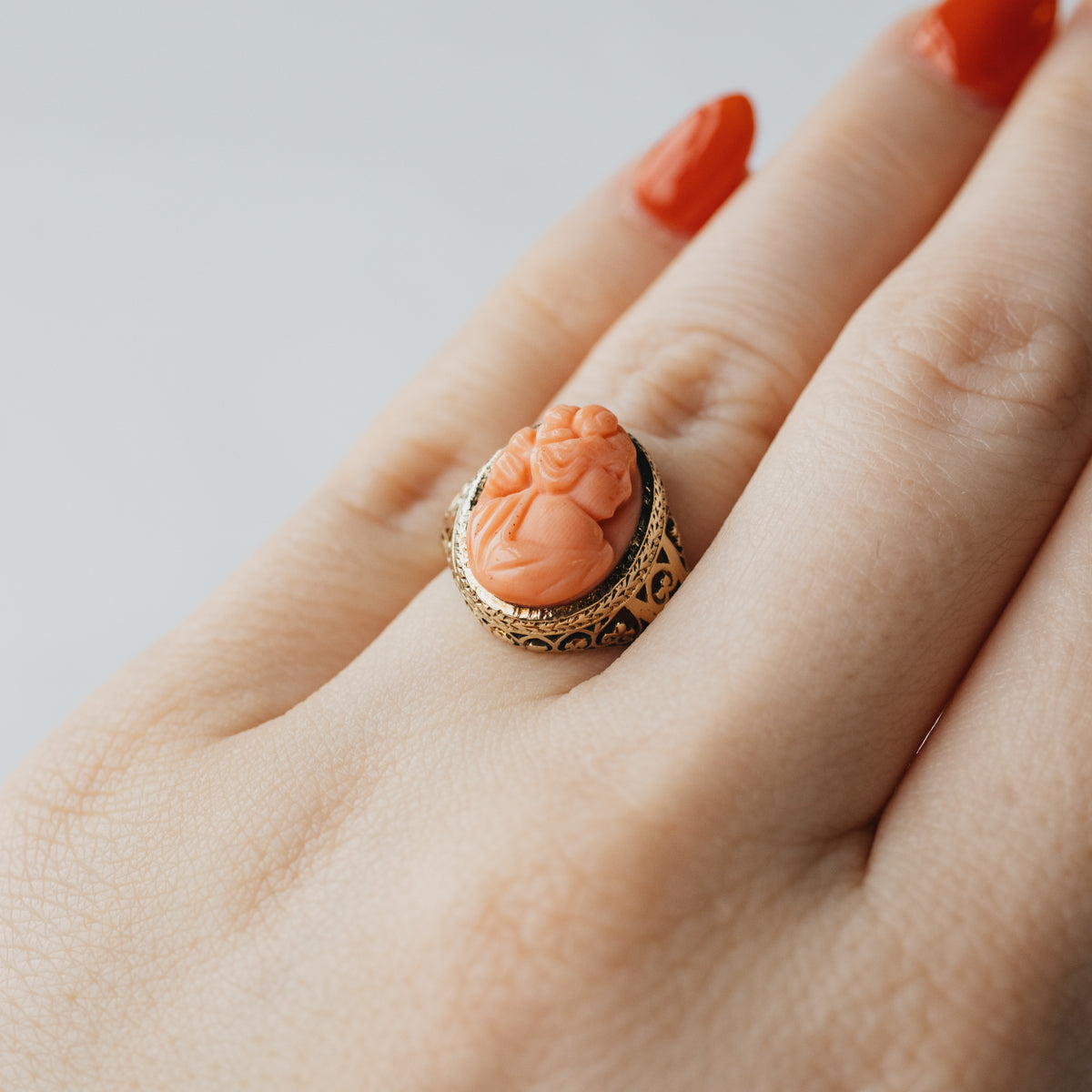14K Yellow Gold Coral Cameo Ring