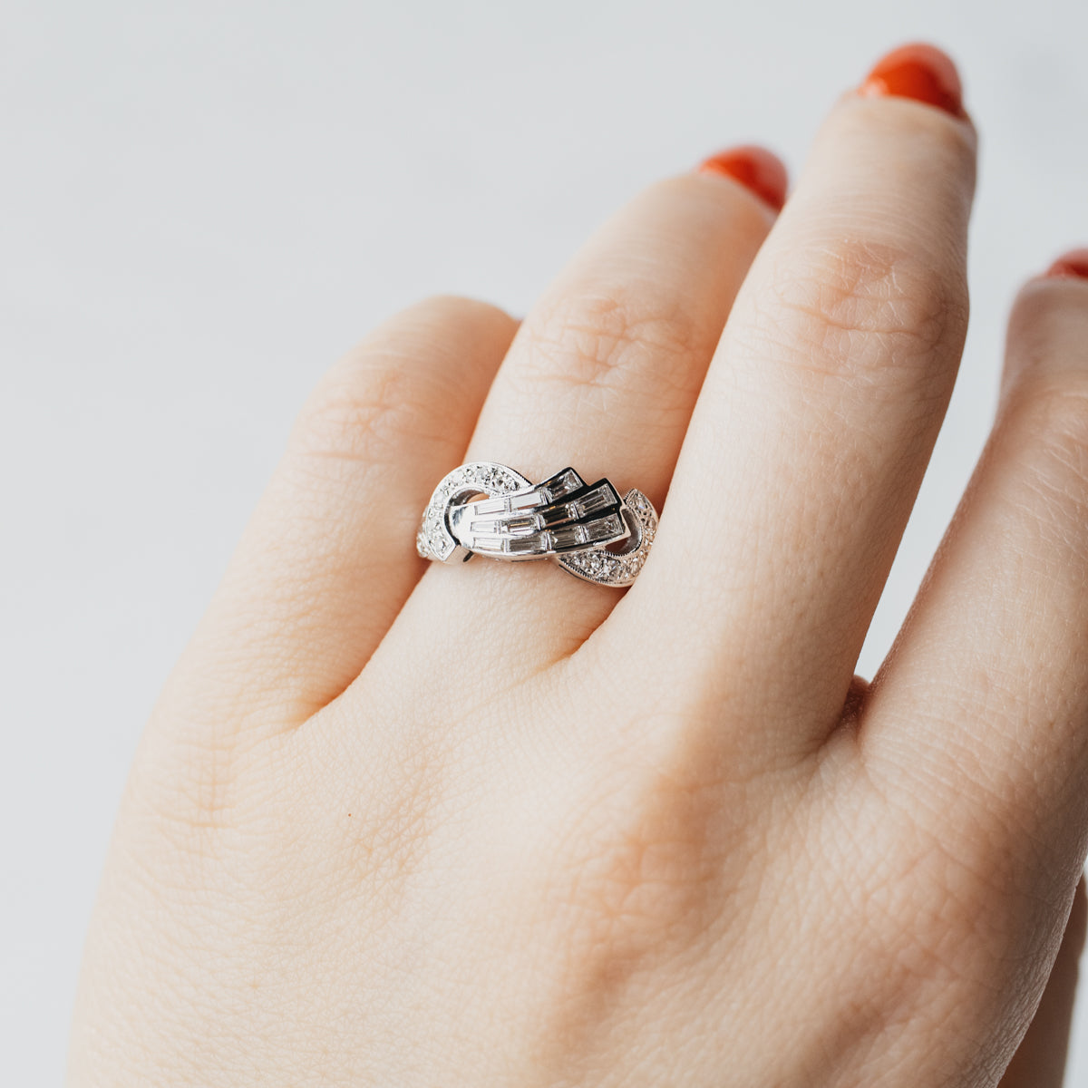 14K White Gold Baguette & Single Cut Diamond Swirl Ring