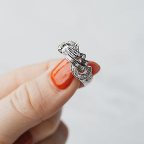 14K White Gold Baguette & Single Cut Diamond Swirl Ring