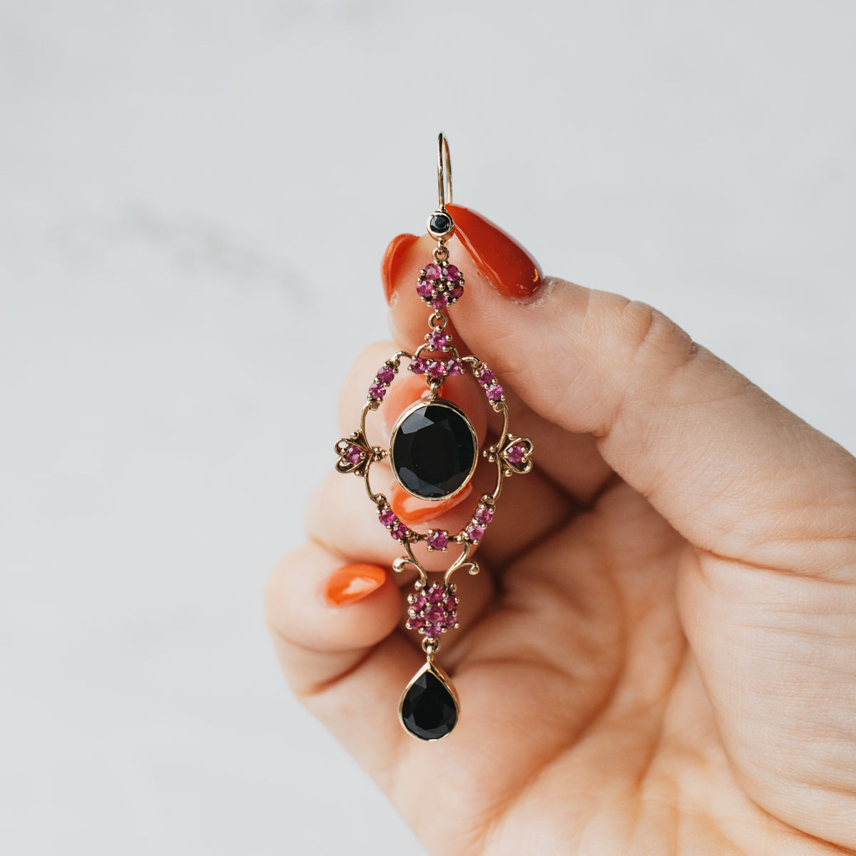 9K Yellow Gold Victorian Era Onyx & Pink Sapphire Earrings