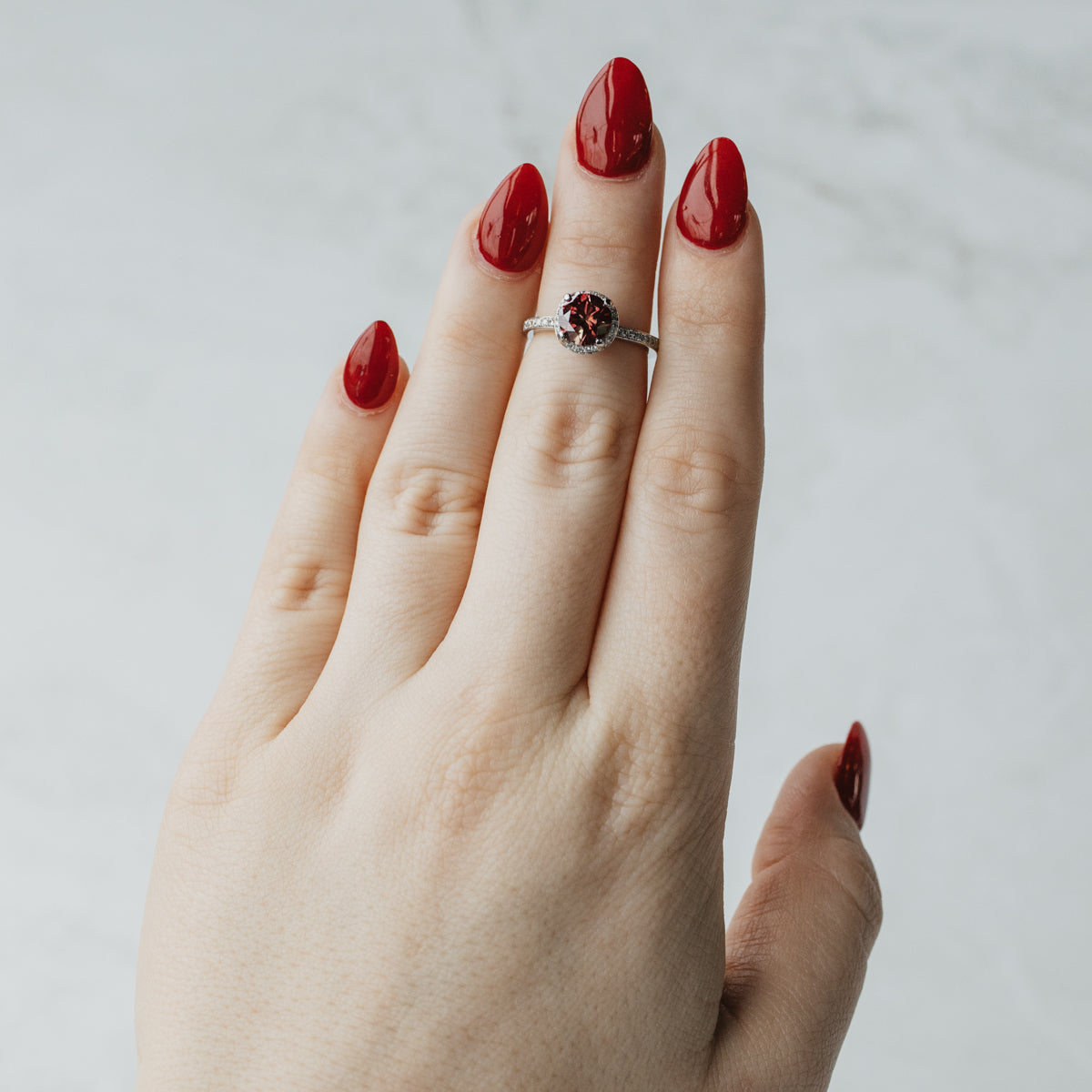 18K White Gold Lab-Created Red Diamond Halo Ring