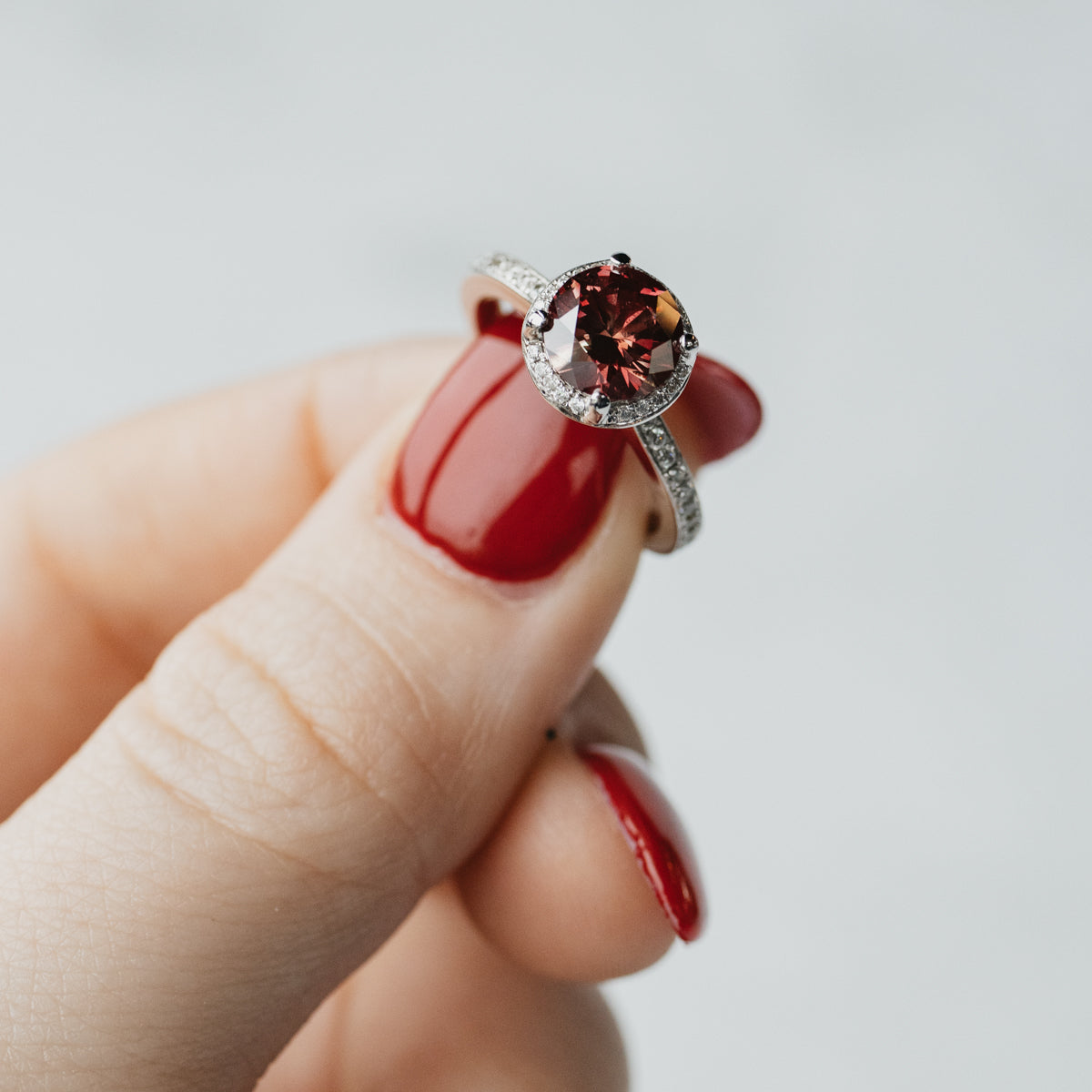 18K White Gold Lab-Created Red Diamond Halo Ring