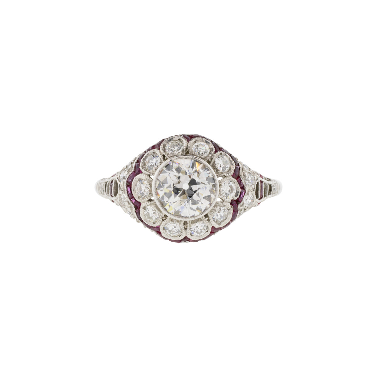 Platinum 1.03ct H-I/I1 Old European Diamond & Ruby Ring