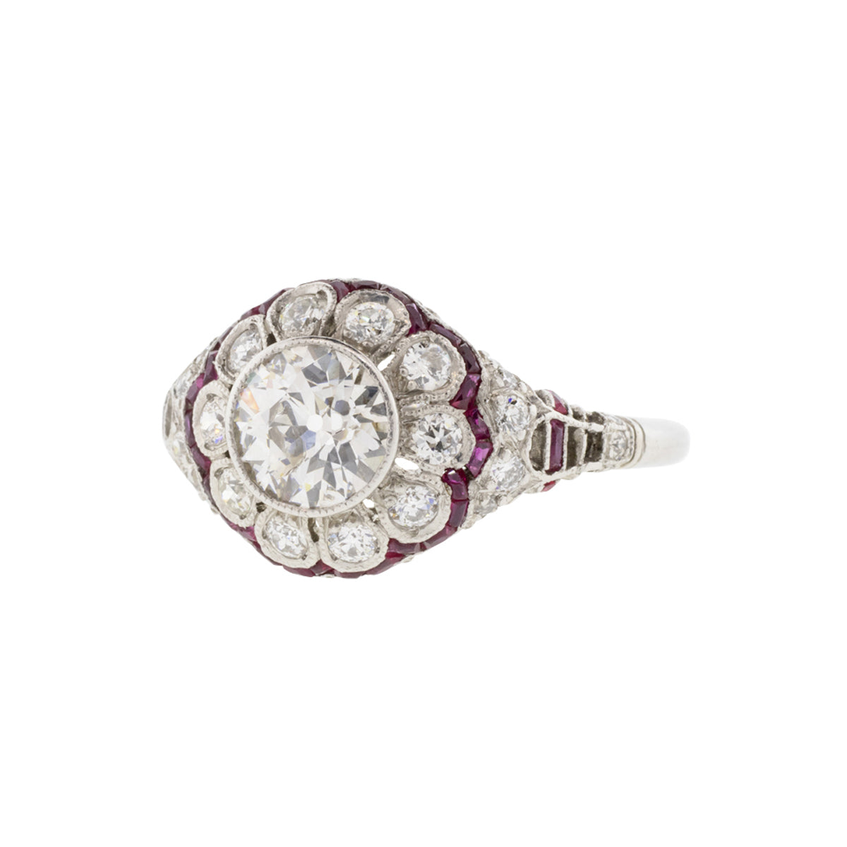 Platinum 1.03ct H-I/I1 Old European Diamond & Ruby Ring