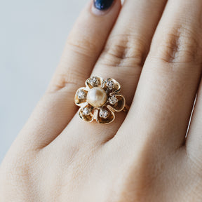 Golden Pearl and Diamond Petal Ring