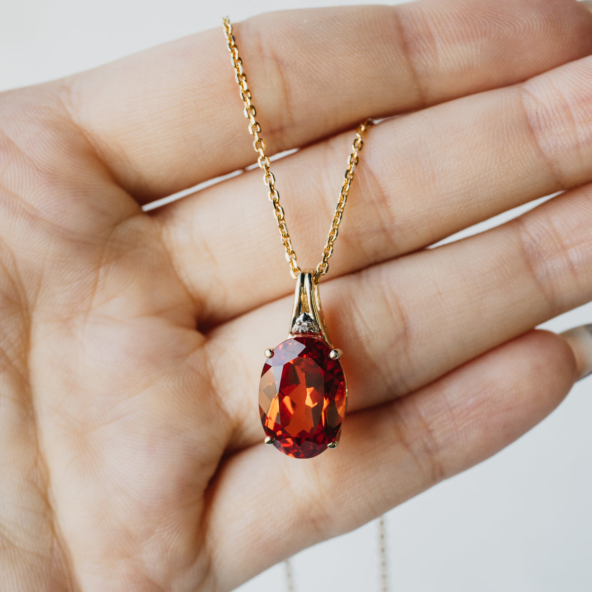 14K Yellow Gold Orange Lab Sapphire Pendant Necklace