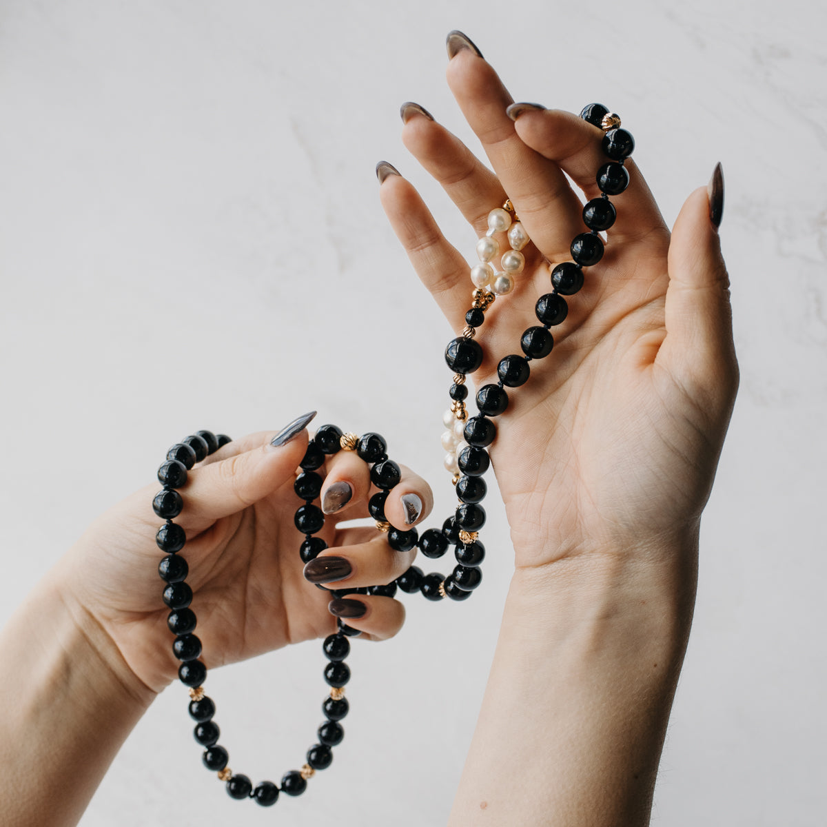 -Onyx, Akoya Pearl and Gold Bead Necklace