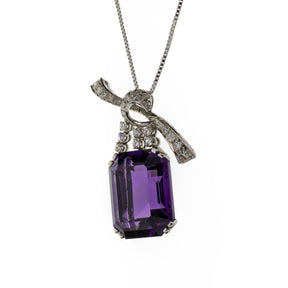 Vintage 18K White Gold Amethyst and Natural Diamond Pendant Necklace