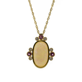 11.03ct Opal, Pink Tourmaline & Diamond Pendant 18K Yellow Gold Necklace
