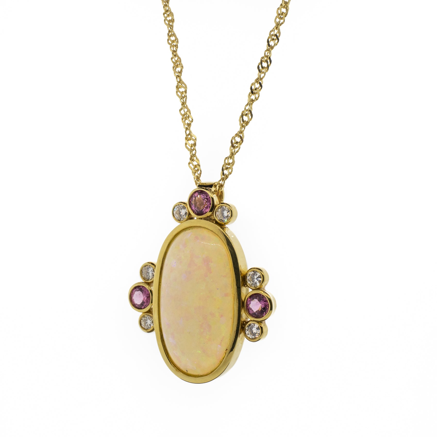 11.03ct Opal, Pink Tourmaline & Diamond Pendant 18K Yellow Gold Necklace