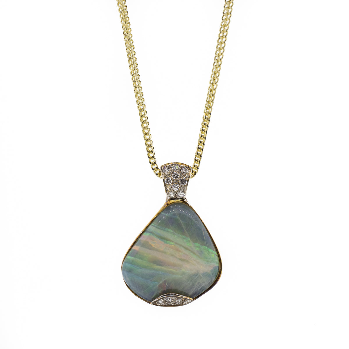 14K Yellow Gold Grey Opal and Diamond Pendant Necklace