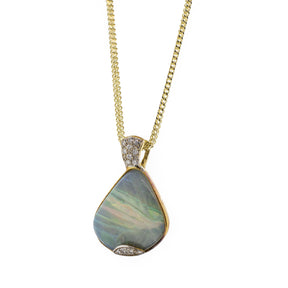 14K Yellow Gold Grey Opal and Diamond Pendant Necklace