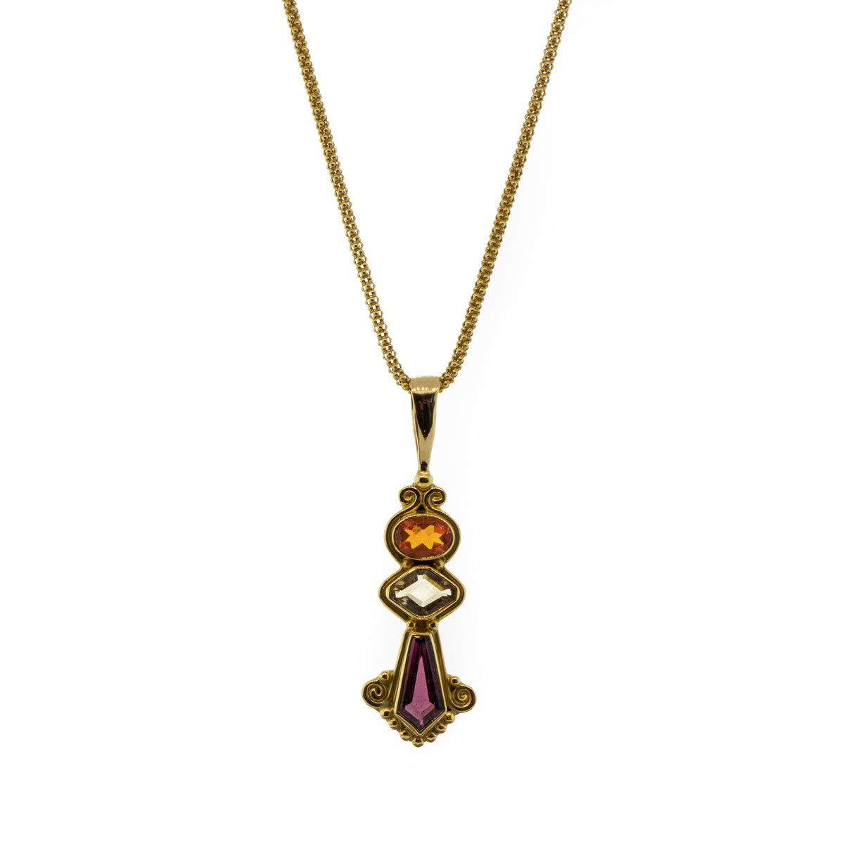 -Rhodolite, Citrine & Spessartite Pendant With Yellow Gold Chain