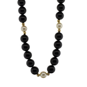 -Onyx, Akoya Pearl, and Gold Bead Necklace