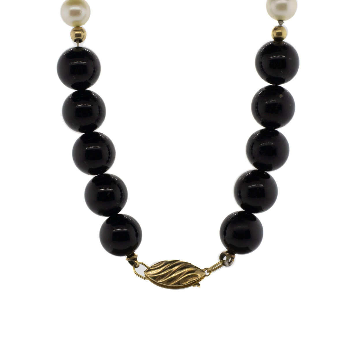 -Onyx, Akoya Pearl, and Gold Bead Necklace