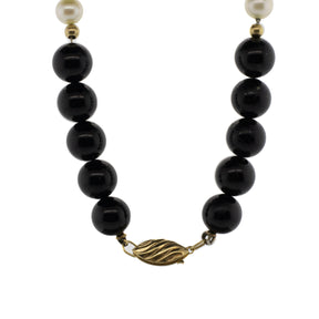 -Onyx, Akoya Pearl, and Gold Bead Necklace