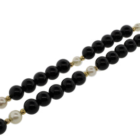 -Onyx, Akoya Pearl, and Gold Bead Necklace