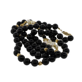 -Onyx, Akoya Pearl and Gold Bead Necklace