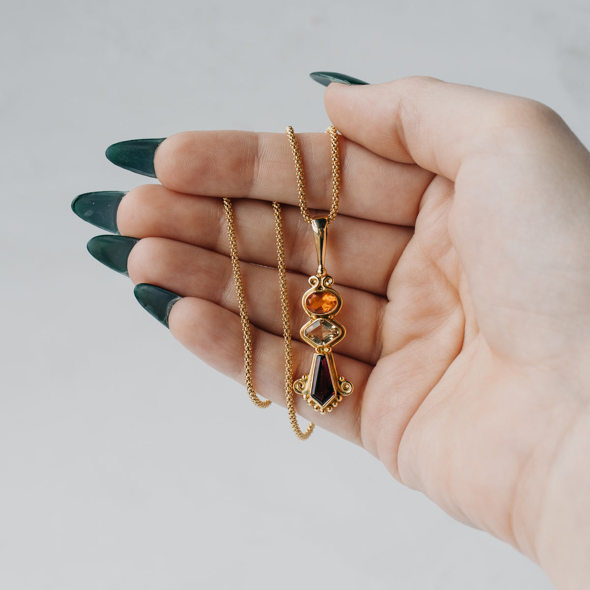-Rhodolite, Citrine & Spessartite Pendant With Yellow Gold Chain