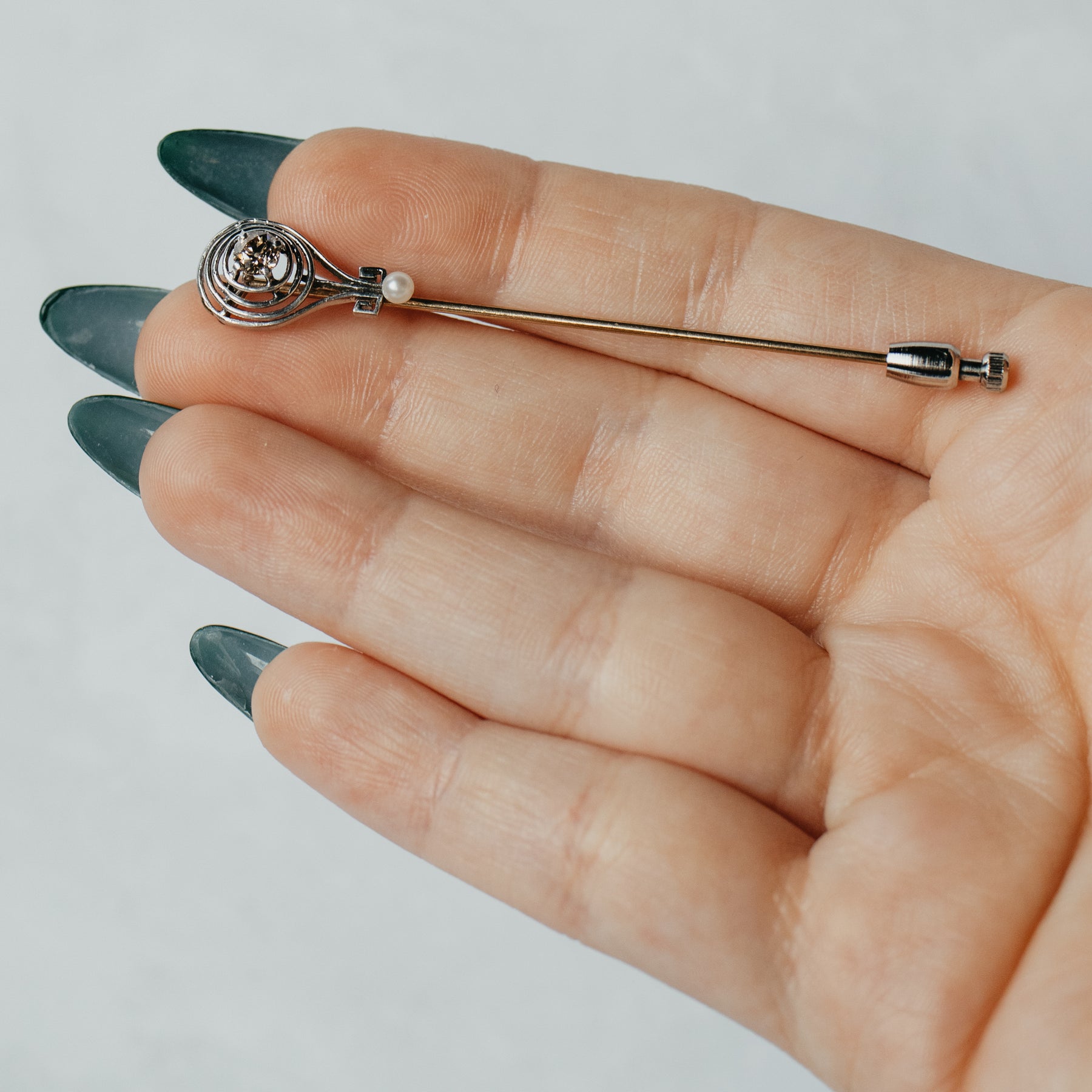 Old European Cut Champagne Diamond & Pearl Stick Pin