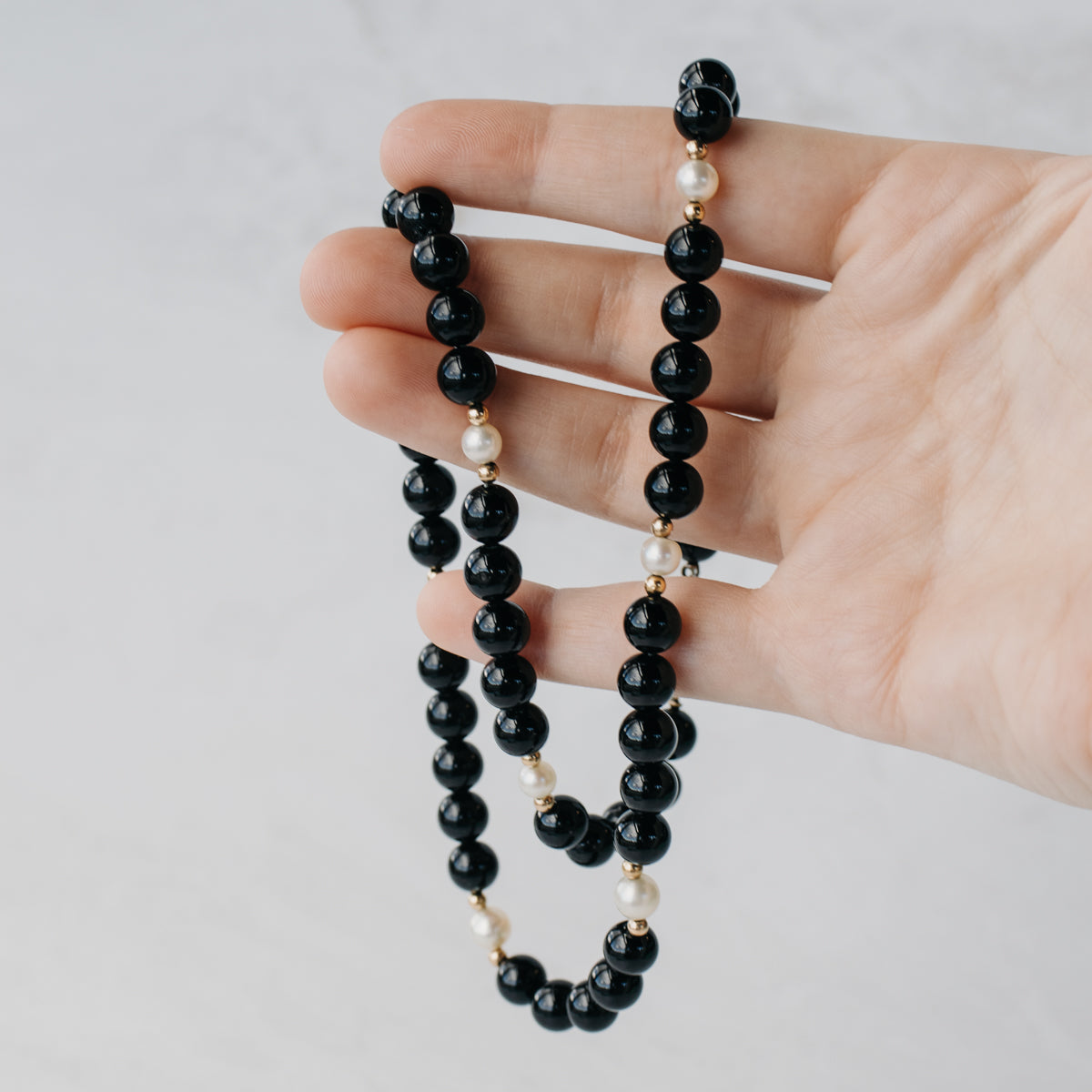 -Onyx, Akoya Pearl, and Gold Bead Necklace