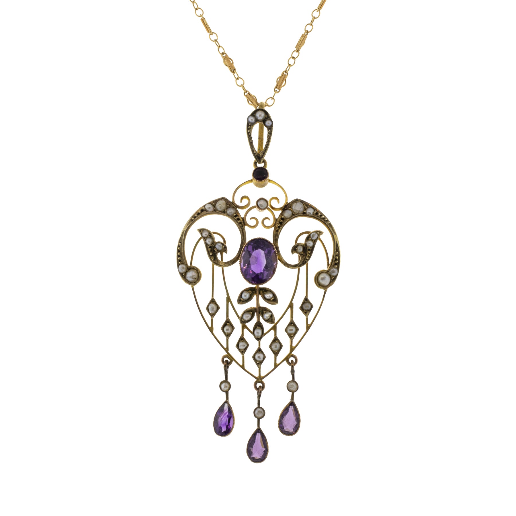 Edwardian Art Nouveau Pearl and Amethyst Pendant