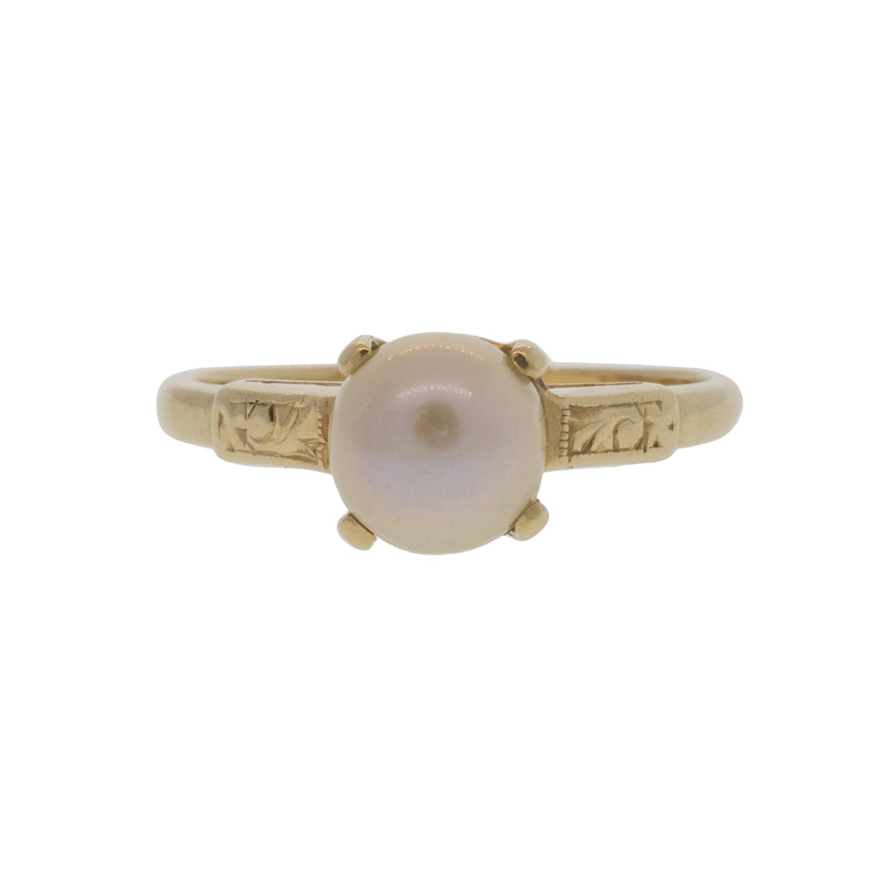Akoya Pearl Engraved Solitaire Ring