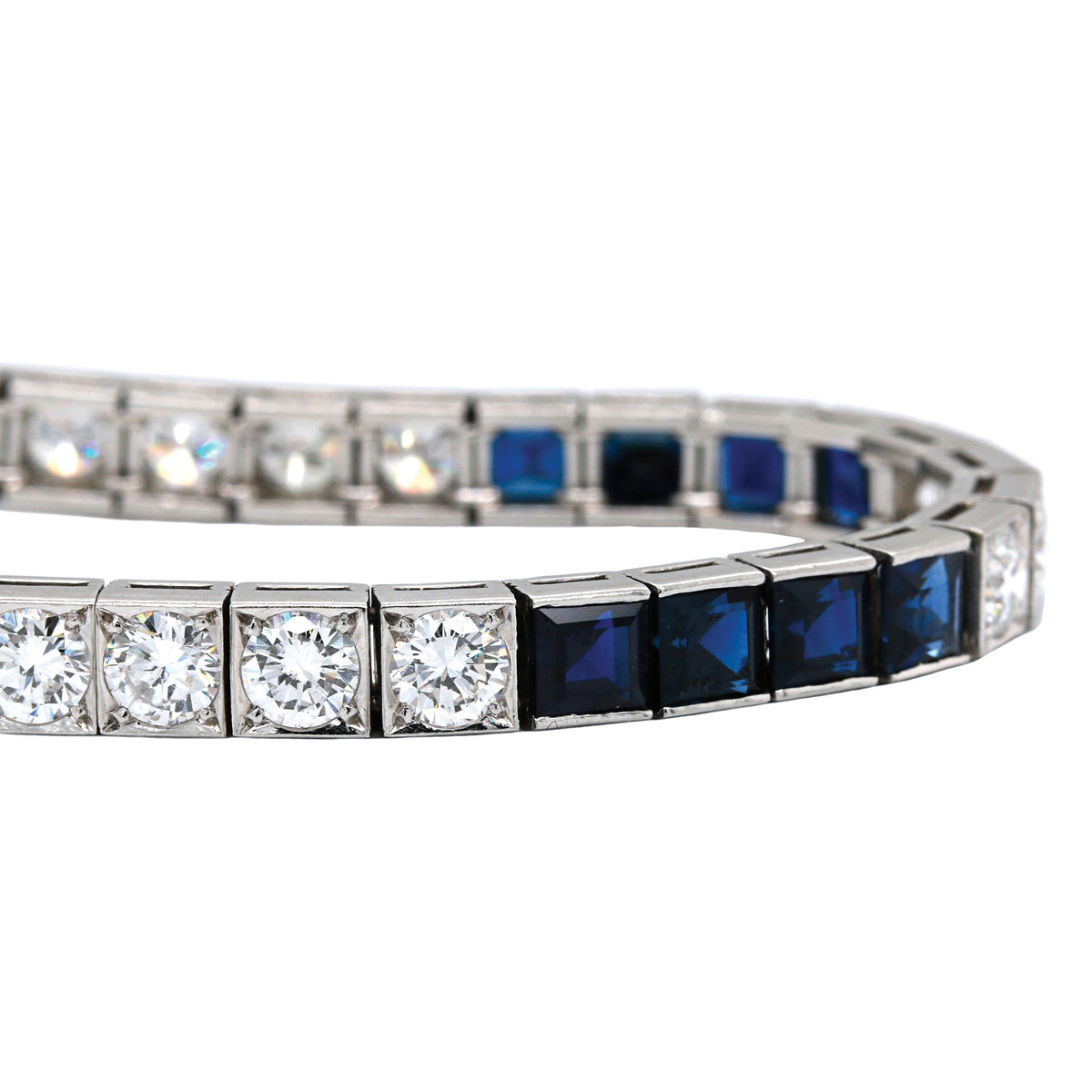 Mid-Century Blue Sapphire & Diamond Platinum Line Bracelet