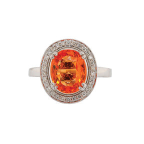 Oval Mandarin Orange Garnet and Diamond Halo Ring