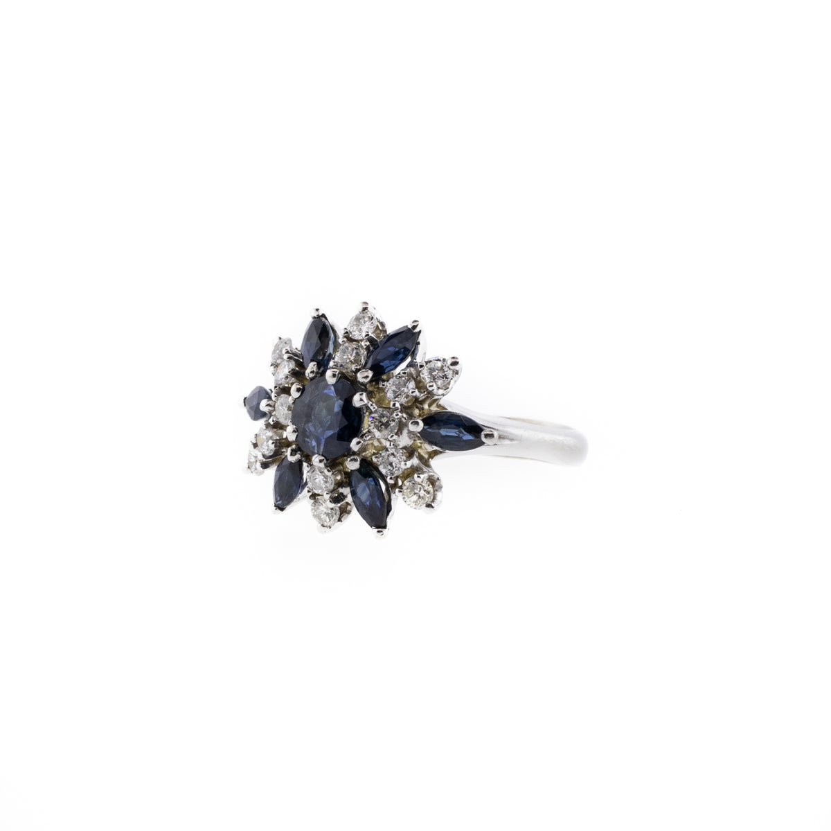 Blue Sapphire & Diamond White Gold Cluster Ring