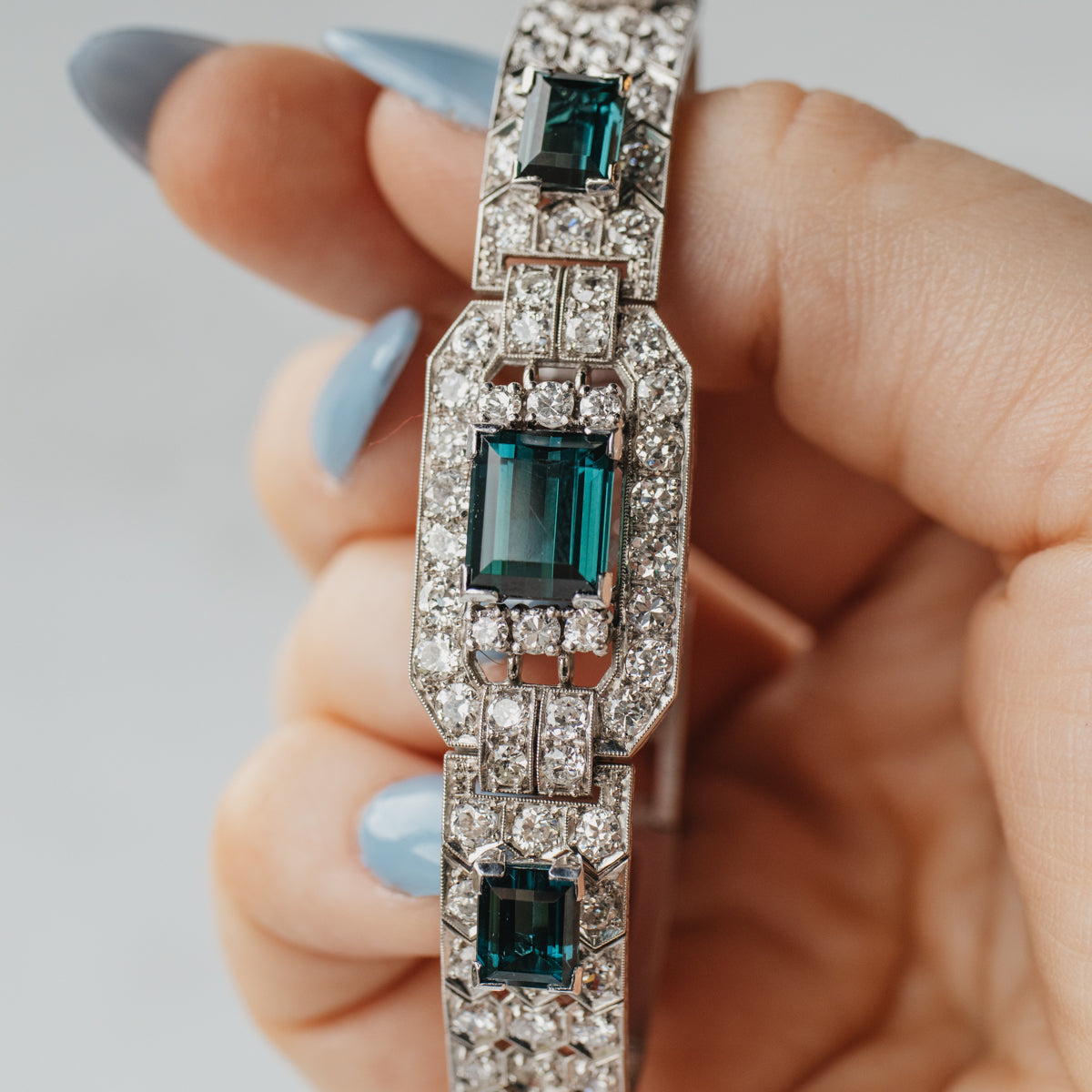 Platinum, 18K, & 9K White Gold Assembled Art Deco Indicolite & Diamond Bracelet