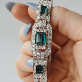 Platinum, 18K, & 9K White Gold Assembled Art Deco Indicolite & Diamond Bracelet