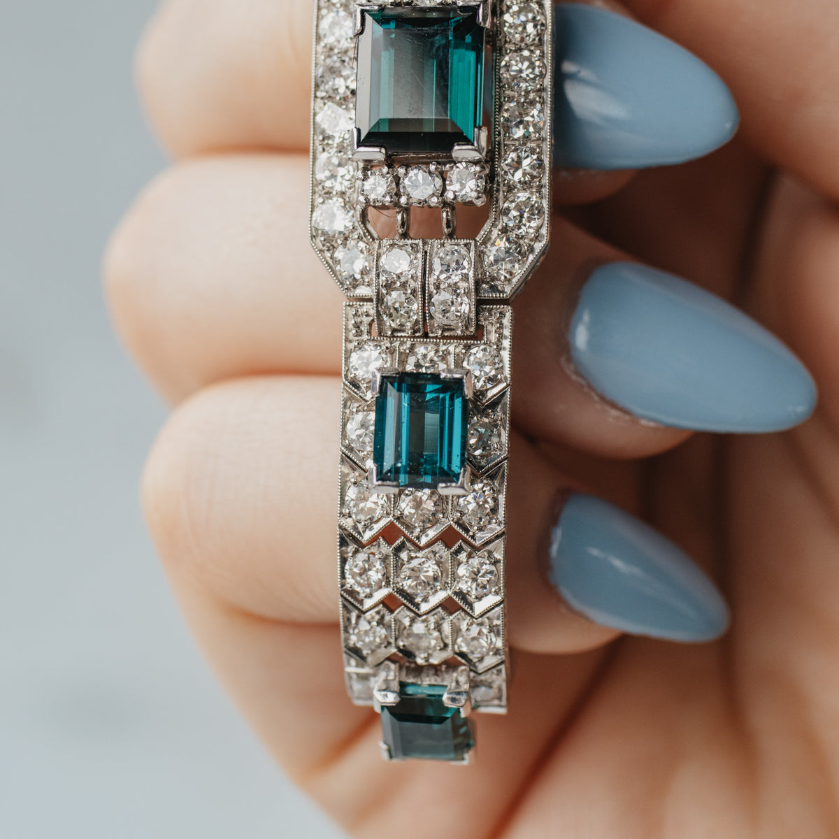 Platinum, 18K, & 9K White Gold Assembled Art Deco Indicolite & Diamond Bracelet