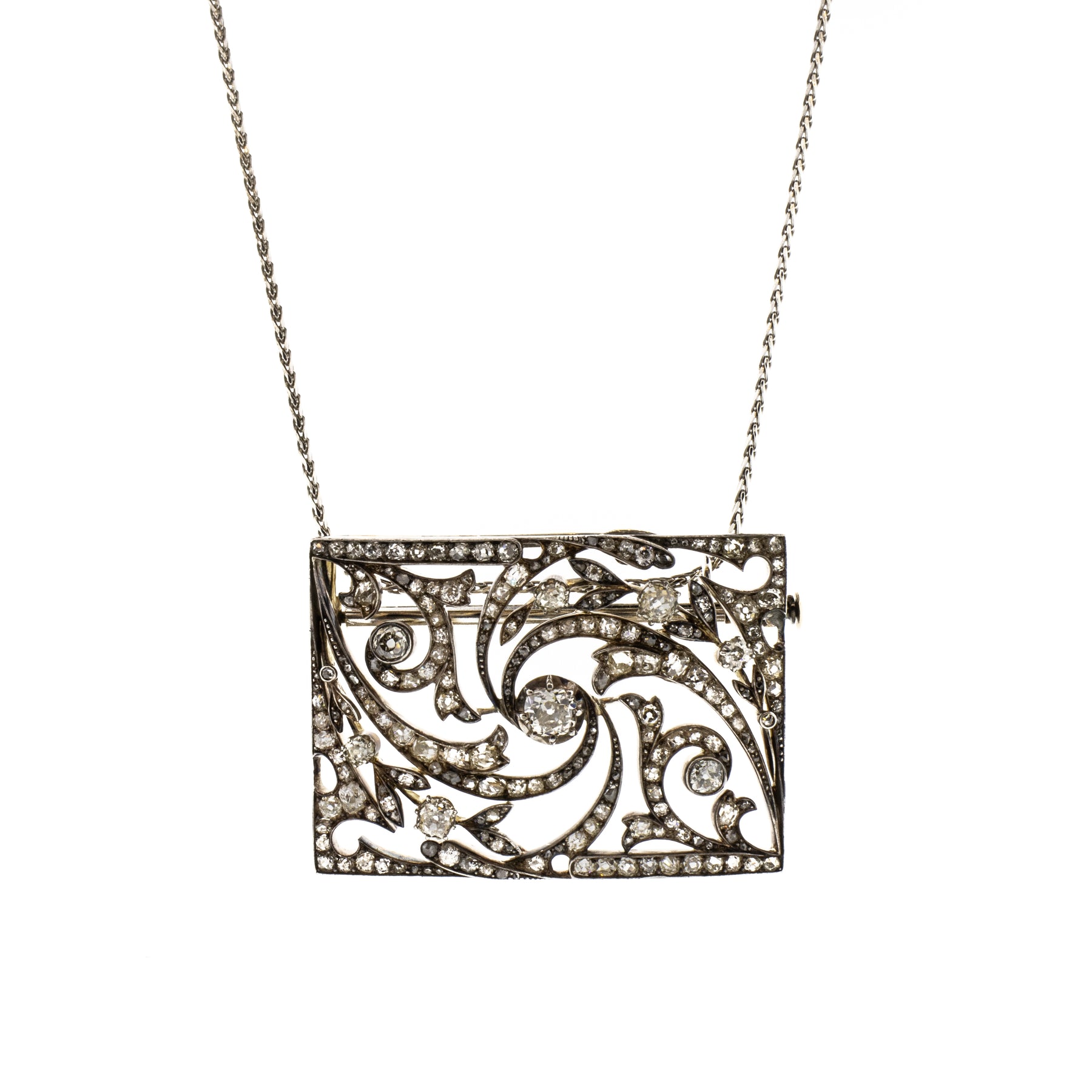 Georgian-Era Silver & 14K Yellow Gold Diamond and Pearl Brooch Necklace