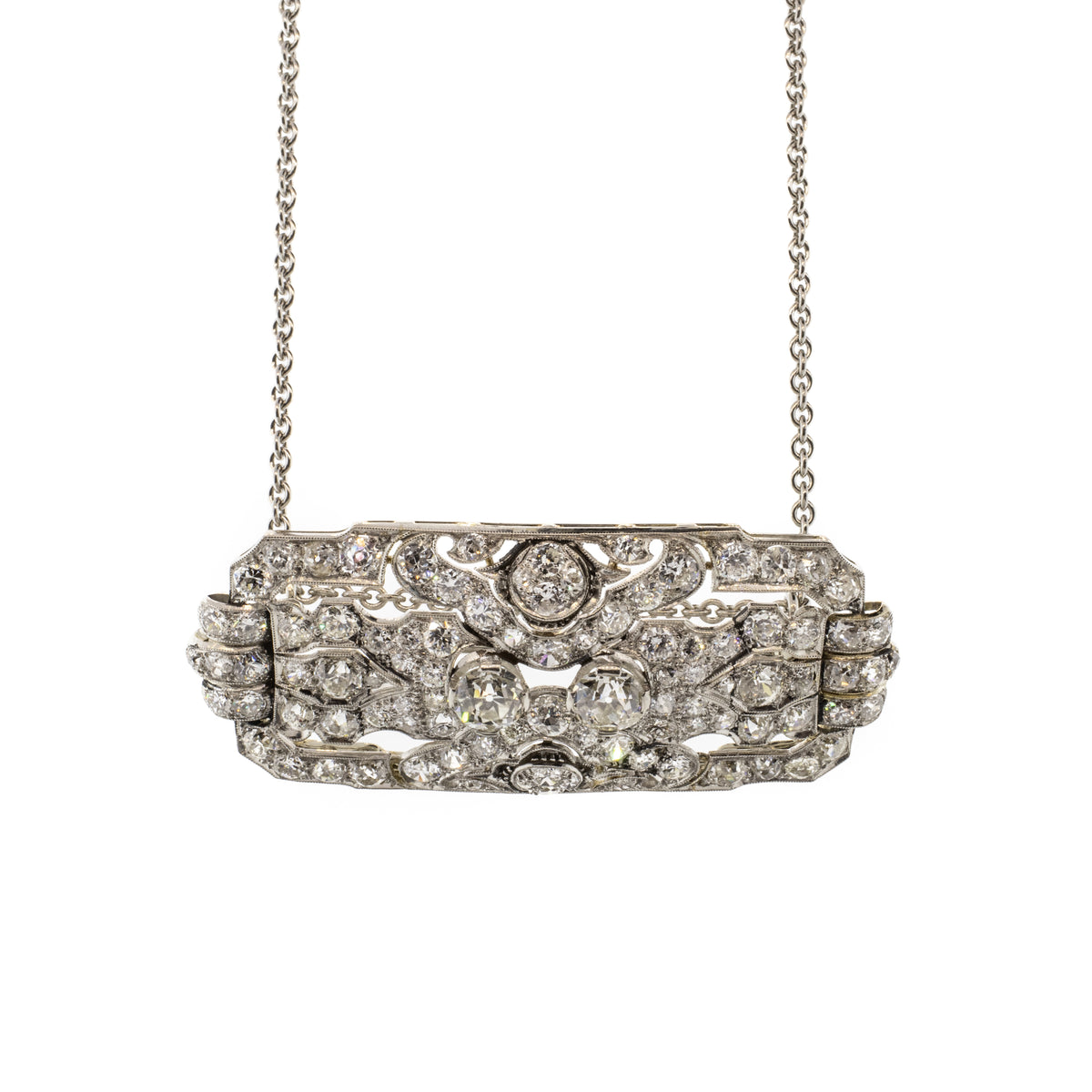 Art Deco Platinum Diamond Brooch Necklace