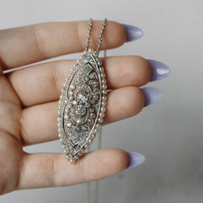 Art Deco Diamond & Pearl Platinum & Yellow Gold Brooch Necklace