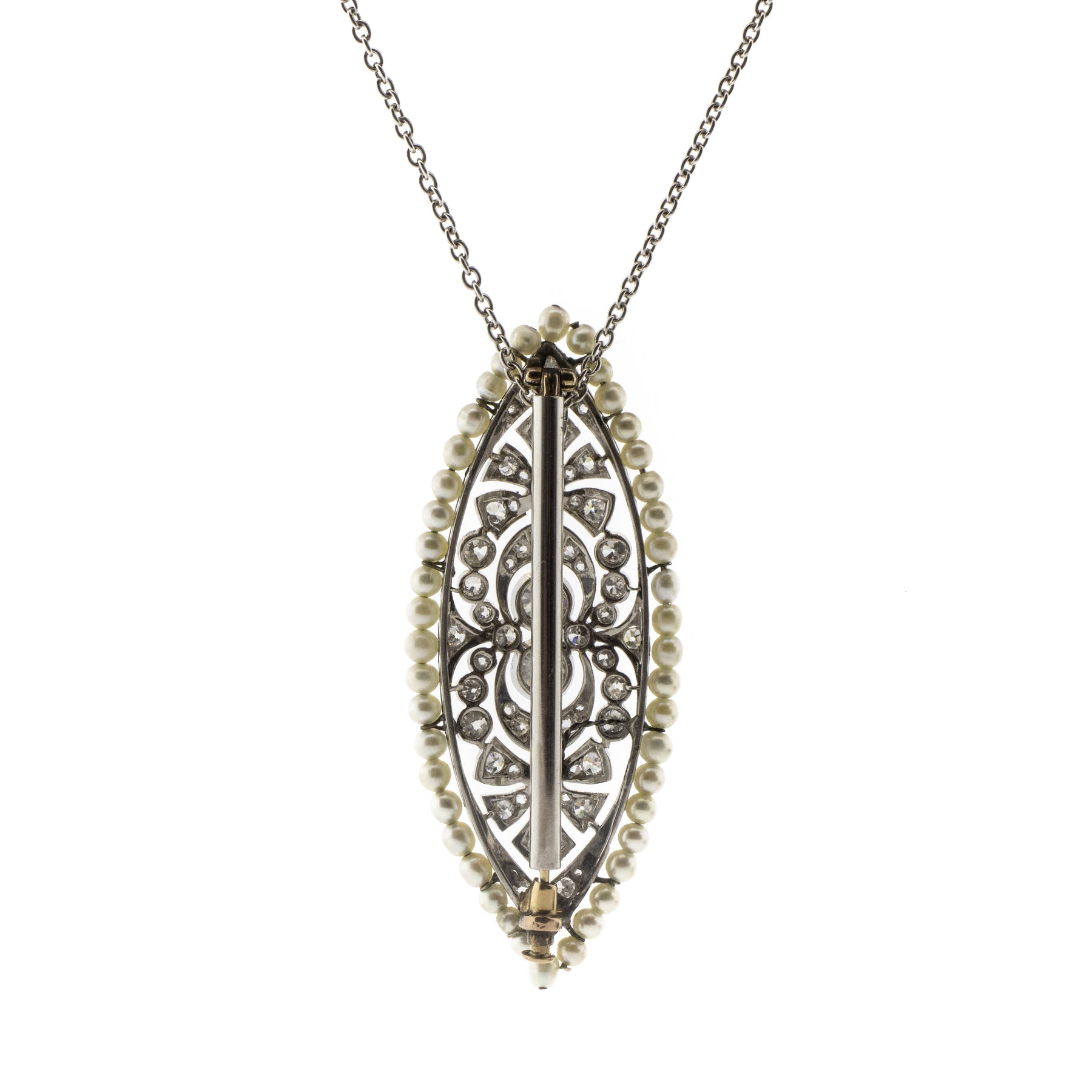 Art Deco Diamond & Pearl Platinum & Yellow Gold Brooch Necklace