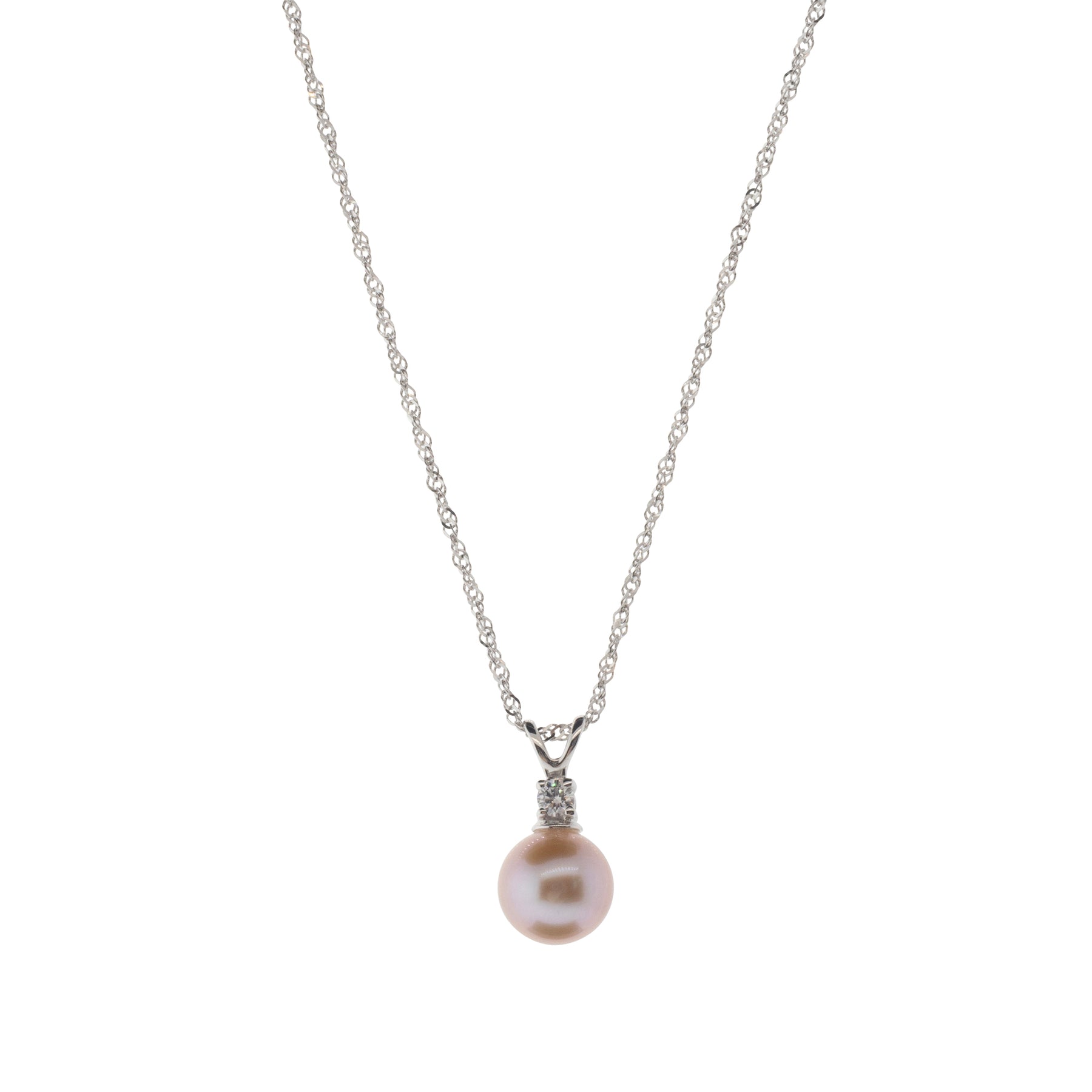 14K White Gold Diamond Accented Pink Pearl Necklace