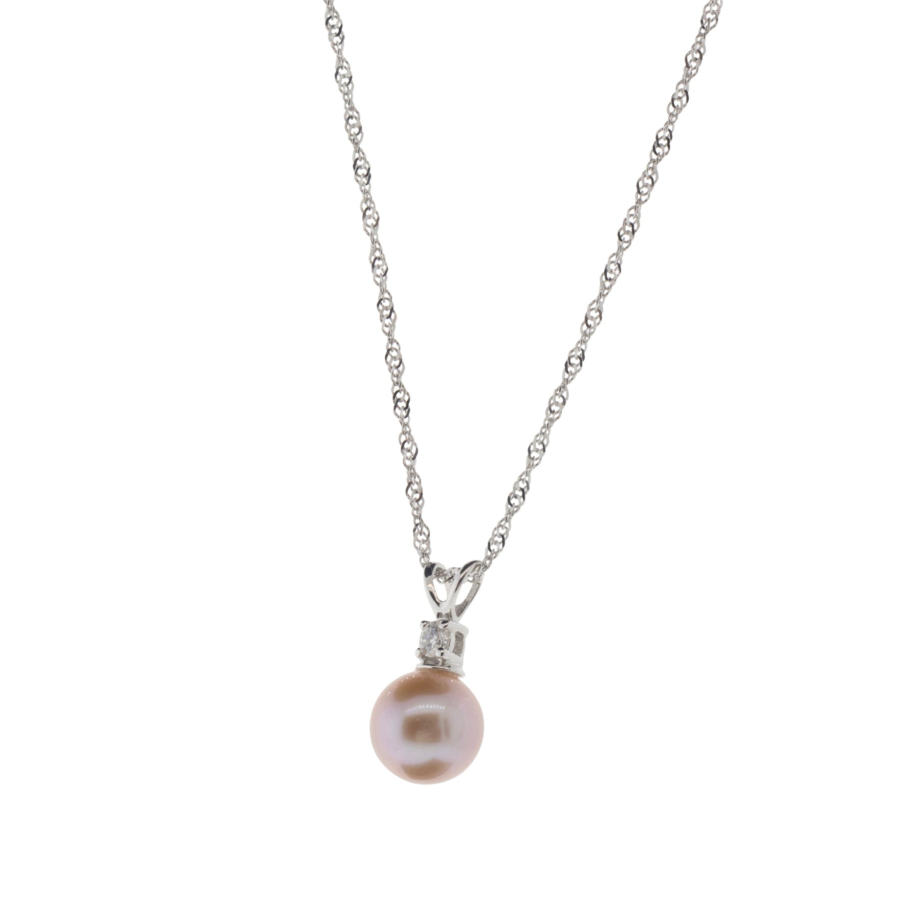 14K White Gold Diamond Accented Pink Pearl Necklace