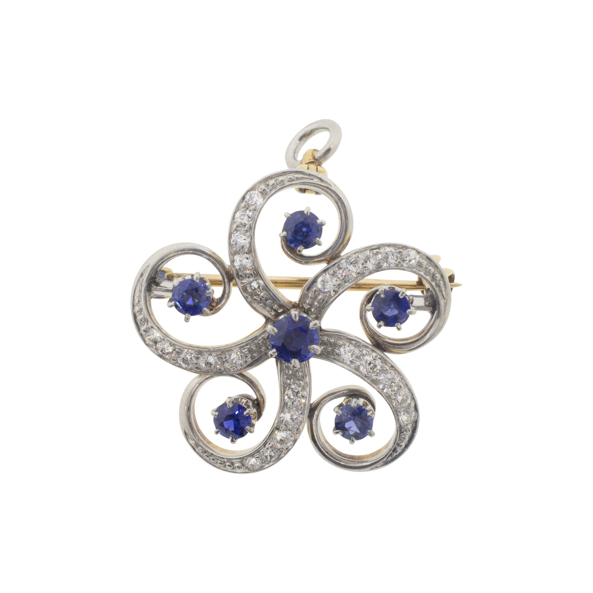 Victorian Sapphire and Diamond Floral Swirl Pin Pendant