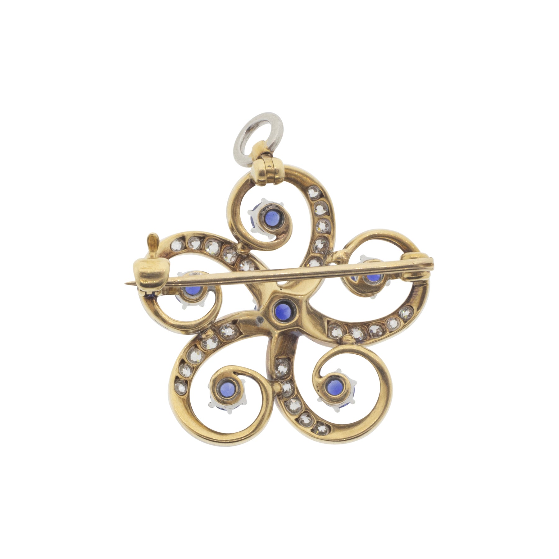 Victorian Sapphire and Diamond Floral Swirl Pin Pendant