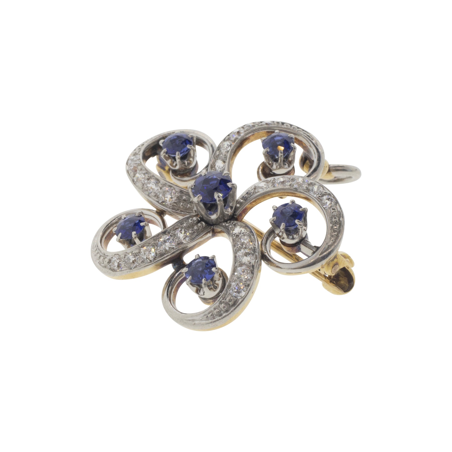 Victorian Sapphire and Diamond Floral Swirl Pin Pendant