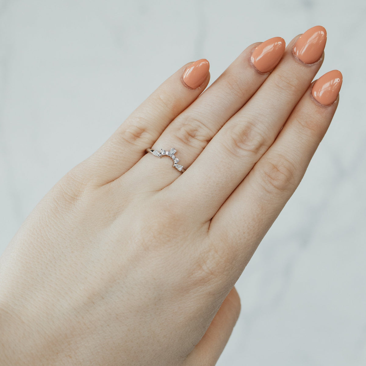 14K White Gold Baguette and Round Cut Diamond Wedding Contour Band